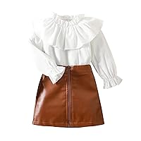 Top and Pants Toddler Kids Baby Girls Long Sleeve Ruffle T Shirt Tops PU Leather Zipper Skirts 2PCS (Brown, 2-3 Years)