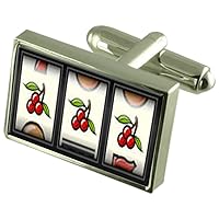 Fruit Machine Lucky Cherries Cufflinks Crystal Tie Clip Bar Box Set Engraved