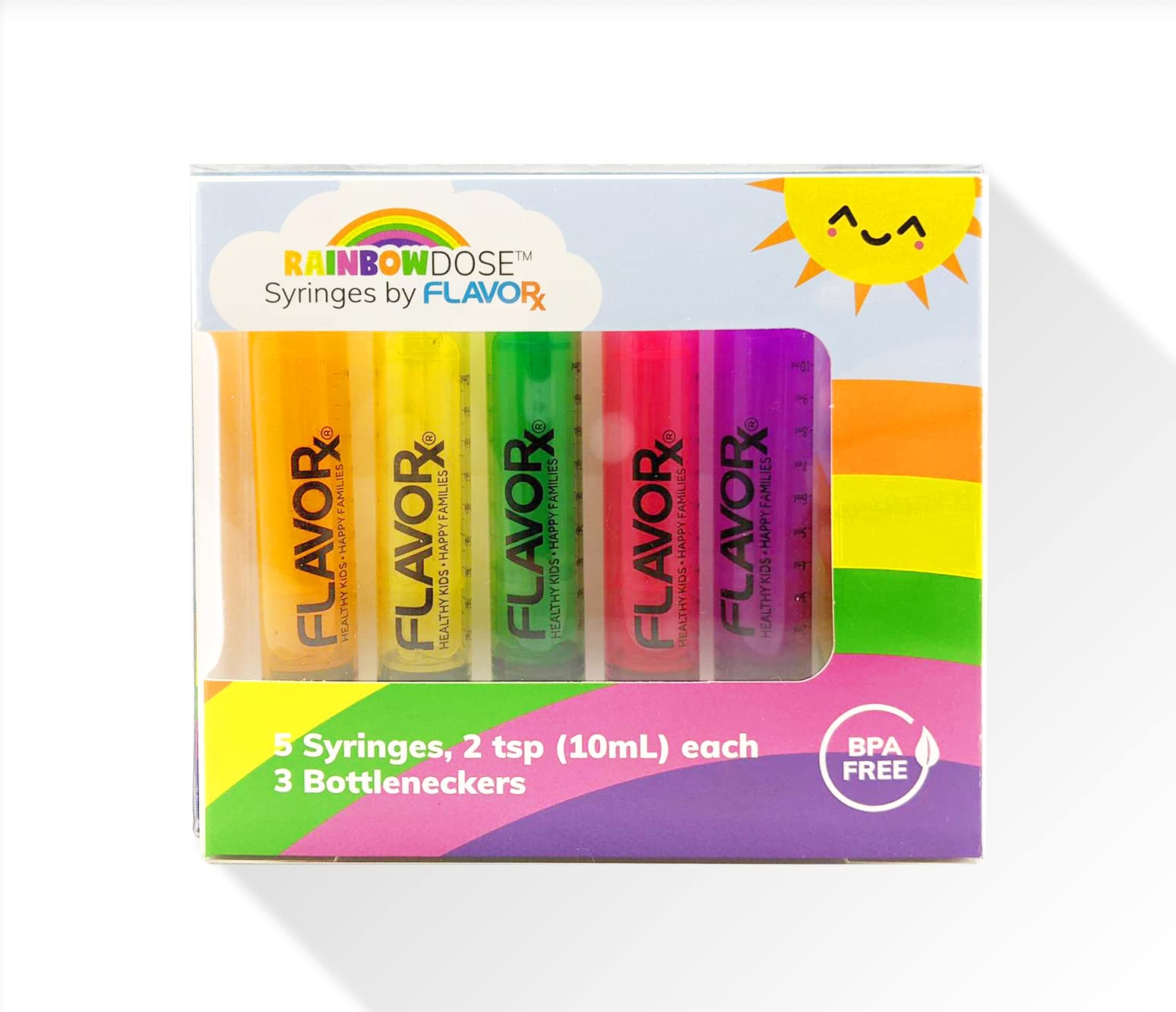 FLAVORx Rainbow Dose Oral Dosing Syringes | No More Medicine-Time Meltdowns! | 5 Uniquely Colored Syringes | 10ml (2tsp) Each | 3 Bottleneckers Included | New & Improved!