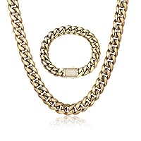 12mm Miami Cuban Link Bracelet/Chain 14K REAL Gold Plated Necklace Hypoallergenic Premium Stainless Steel Hip Hop Jewelry For Men Women Christmas Birthday Gift Double-sided Iced Out Clasp
