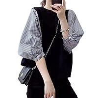 [eleitchtee] LHT Women's Blouse, Shirt, 3/4 Sleeves, Switching, Checkered Pattern, Everyday Wear, Slimming, Soft, Casual, Work, Spring, Summer, Autumn