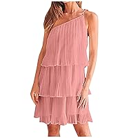 One Shoulder Pleated Summer Dresses for Women Sleeveless Ruffle Tiered Layered Mini Dress Loose Flowy Beach Sundress
