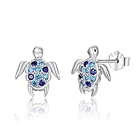 925 Sterling Silver Turtle Studs Earrings with Graduated Blue Cubic Zirconia, Sea Turtle Tortoise Nautical Jewelry Mother Day Gift for Women Mom Wife Daughter Girlfriend with Gift Box
