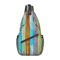 Sling Backpack,Travel Hiking Daypack Colorful Wooden Boards Print Rope Crossbody Shoulder Bag