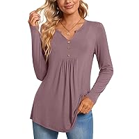 CATHY Womens Long Sleeve Tunic Tops Henley Shirt V-neck Button Down Blouse Casual Pleated Basic Pullover