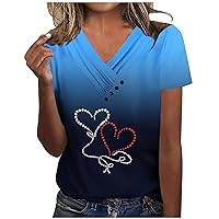 Ladies Tops Fashion Summer Blouses Heart Printing V Neck Shirts Cute Top Casual Comfy T-Shirt for Mother's Day