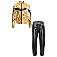 Kids Girls Hip Hop Jazz Dance Outfits Long Sleeve Zipper Shiny Metallic Bomber Jacket with Harem Trousers Set