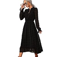 Women's Casual Ladies Comfort Dresses Tie Neck Swiss Dot Flounce Sleeve Dress Leisure Perfect Comfortable Eye-catching (Color : Black, Size : X-Small)