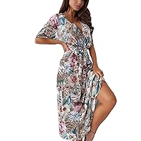 Women's V-Neck Glamorous Dress Casual Loose-Fitting Summer Swing Short Sleeve Long Flowy Beach Foral Print Hawai