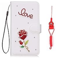 Sparkly Leather Wallet Phone Case with 2 Pack Glass Screen Protector and Lanyard, Bling Diamonds Flip Women Cover (Red Love Rose,for iPhone 14 Pro Max)
