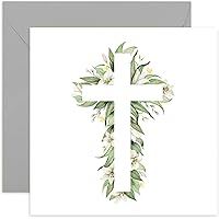 Old English Co. Religious Cross Greeting Card for Easter - Lily Flower Design with Cross Silhouette - Religious Faith Card for Baptism, Christening, First Holy Communion | Blank Inside with Envelope