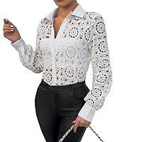 Spring/Summer Women's Long Sleeve V-Neck Lace Shirt Office Solid Color Hollowed Out Lapel Button Blouse