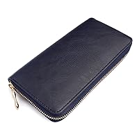 Classic Leatherette Zip Around Wallet - Vegan Leather Zipper Clutch Purse Coin Card Slots, Removable Wristlet (Single Zip Wristlet - Navy)