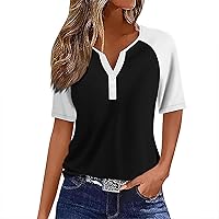 Women's Summer Tops Henley V Neck Button Up Tunic Ladies Loose Fit T Shirts Short Sleeve Casual Dressy Blouses