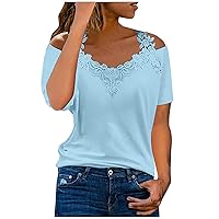 Women's Sexy Lace Cold Shoulder Tops Summer Dressy Casual T Shirt V Neck Short Sleeve Shirts Hollow Out Blouses