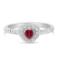 Sterling Silver 4MM Lab Created Ruby Heart and Diamond Accent Heart Ring (I-J, I2-I3)