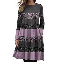 Womens Casual Dress Contrast Sequin Stripe Print Long Tops Crewneck Long Sleeve Loose Fit Knee Length T Shirt Dresses