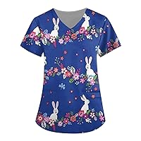 Women's Loose Fashion Blouse V-Neck Working Pocket Short Sleeve T Shirts Easter Printing 2023 Summer Tops Tees