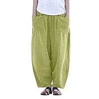 SNKSDGM Women's Wide Leg Linen Pants Beach Casual High Elastic Waisted Palazzo Pant Yoga Ruched Trousers with Pocket
