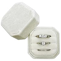 Ring Box for Wedding Ceremony - Octagon 3 Slots Premium Velvet Ring Holder Handmade Vintage Three Rings Bearer Jewelry Organizer for Proposal, Engagement, Christmas, Photography (Ivory)