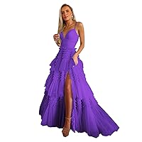 Tulle Prom Dresses Sexy A-line Tiered Ruffle Party Ruched Spaghetti Straps Evening Ball Gown