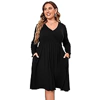 KOJOOIN Women's Plus Size V Neck A-Line Knee Length Wrap Swing Dresses Casual Loose Party Mini Dress with Pockets (Black, 4XL)