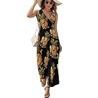 Pineapple Drink Beer Women's Sleeveless Deep V Neck Maxi Dress Summer Casual Sundress Long Dress