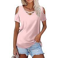 Cold Shoulder Tops for Womens Summer Tops Trendy Shirts V Neck Criss Cross Solid Color Fashion Casual Loose Sexy Blouse