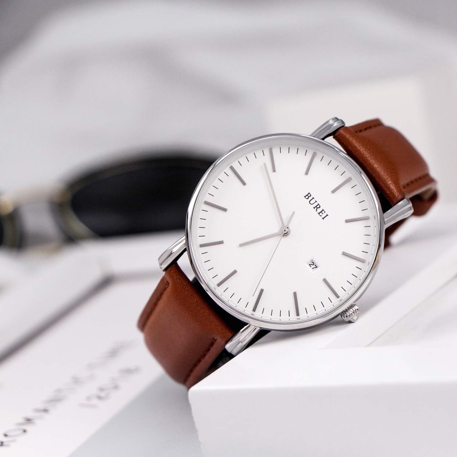 BUREI Men's Fashion Minimalist Wrist Watch Analog Date with Leather Strap
