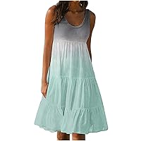 Gradient Color Printed Ruffled Mini Dress Womens Casual Sleeveless Loose Flowy Swing Mini Dress Summer Boho Tank Dress