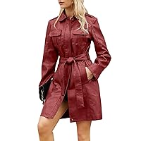 Women Fashion British Coat Mid Length Trench Coat Jacket Faux PU Leather Oversize Classic Lapel Overcoat with Belt