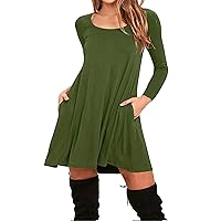 GRASWE Women's Long Sleeve Casual Loose Flowy Solid Color Round Neck T-Shirt Dress