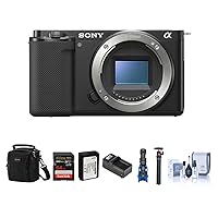 Sony ZV-E10 Mirrorless Interchangeable Lens Vlog Camera, Black - Bundle with 64GB SD Card, Shoulder Bag, Mic, Tripod, Extra Battery, Charger, Cleaning Kit