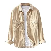 Men's Corduroy Shirt Casual Warm Button Down Long Sleeve Shirts Lapel Collar Loose Solid Color Blouse with Pocket