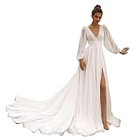Long Sleeve Beach Wedding Dress V Neck Empire Waist Slit A Line Chiffon Long Prom Dresses with Train