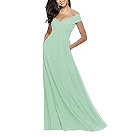 Lorderqueen Off Shoulder Bridesmaid Dresses Long Chiffon Evening Formal Gowns with Pockets