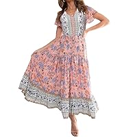 Women's Floral Summer Dress Short Sleeve V-Neck Boho Beach Long Maxi Dress
