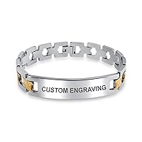 Bling Jewelry Personalized Engrave Name Bar Identification ID Bracelet Cross X Link Band For Men Two Tone Matte Gold Plated Stainless Steel 8, 8.5 Inch