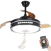 Retractable Ceiling Fan with Lights and Bluetooth Speaker, Bluetooth Ceiling Fan with Light and Remote Control, Silent Motor 7 Color Change 42 Inch (Black)