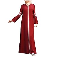 Abaya Dresses Vintage Dress Floral Printed Long Women Muslim Kaftan Muslim Clothes Hijab Clothes for (4-Red, L)