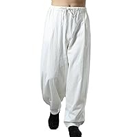 Men's Relaxed Fit Harem Pants Elastic Waist Drawstring Wide Leg Pants Linen Bloomers Loose Fit Full Length Trousers