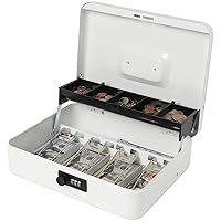Jssmst Locking Large Metal Cash Box with Money Tray, Money Box with Combination Lock, White, SM-CB0511L