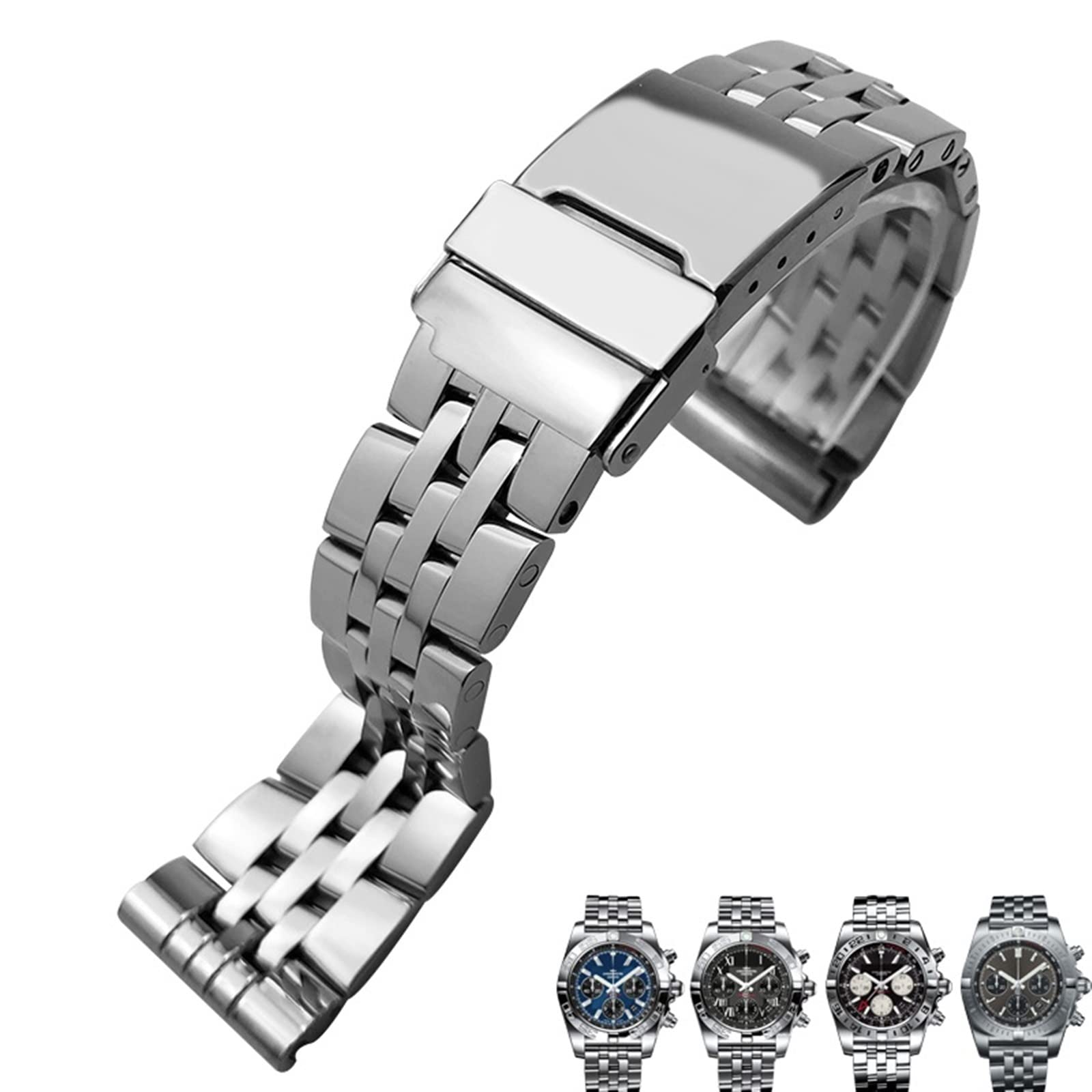 TRDYBSK 20mm 22mm 24mm Silver Stainless Steel Watch Strap Metal Watch Bands for Breitling Premier Avenger Super Ocean Wrist Bracelets (Color : Silver, Size : 22mm)