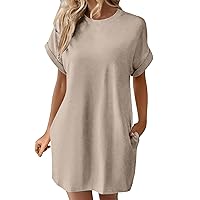 Sundresses for Women 2024 Beach Solid Tank Tops with Pockets Trendy Oversize Crewneck Sleeveless Sundress with Pockets