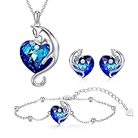AOBOCO Cat Jewelry Sterling Silver Cute Cat Necklace Earrings Bracelet Set with Blue Sapphire Heart Crystal from Austria