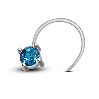 AT Jewellers 14K White Gold Over 925 Sterling Silver Round Cut Blue Topaz Nose Pin Rings for Womens and Girls