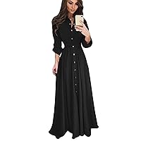 Women's Elegant Maxi Dress Button Down up Long Sleeve Maxi Dresses for Women Vintage Flowy Dress Belt Swing Dress