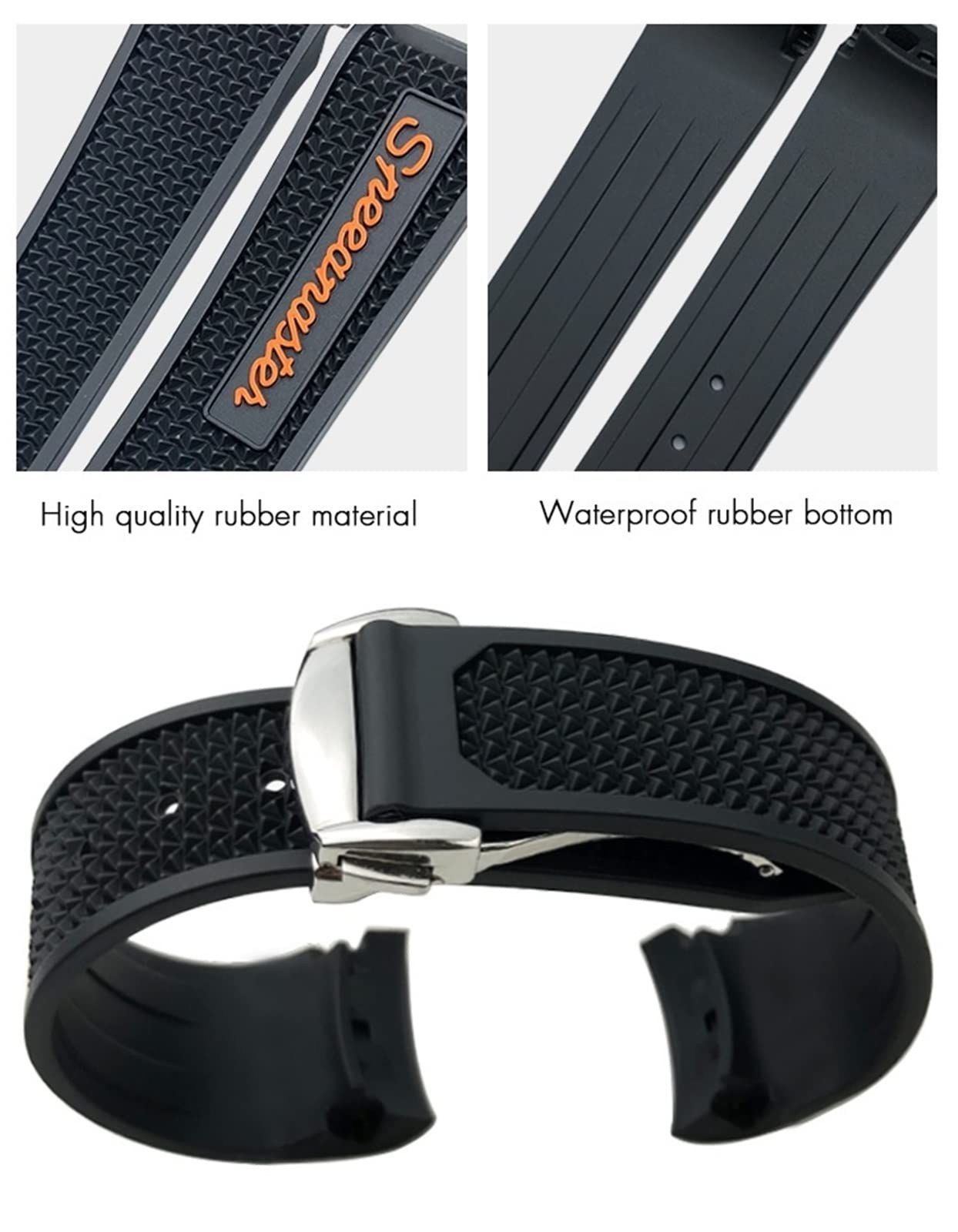 Wscebck 18mm 19mm 20mm 21mm 22mm Rubber Watchband for Omega Sxwatch Moon Watch Speedmaster Seamaster AT150 Tag Heuer Soft Strap (Color : Black Orange Pointy, Size : 20mm)