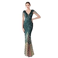 Women's Mermaid Prom Dress Long V Neck Cap Sleeves Sequins Formal Evening Party Cocktail Gown