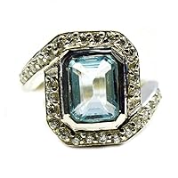 Genuine Emerald-Cut Blue Topaz Silver Ring Indian Handmade Jewelry Sizes 4,5,6,7,8,9,10,11,12
